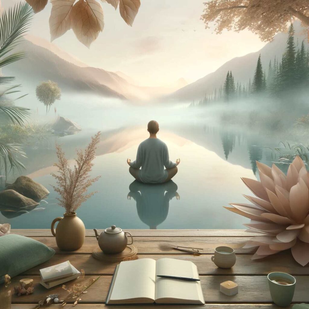 Pessoa meditando em meio a montanhas e &aacute;rvores